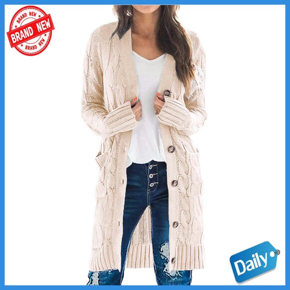 Long Sleeve Cable Knit Chunky Cardigan with Pockets Open Front